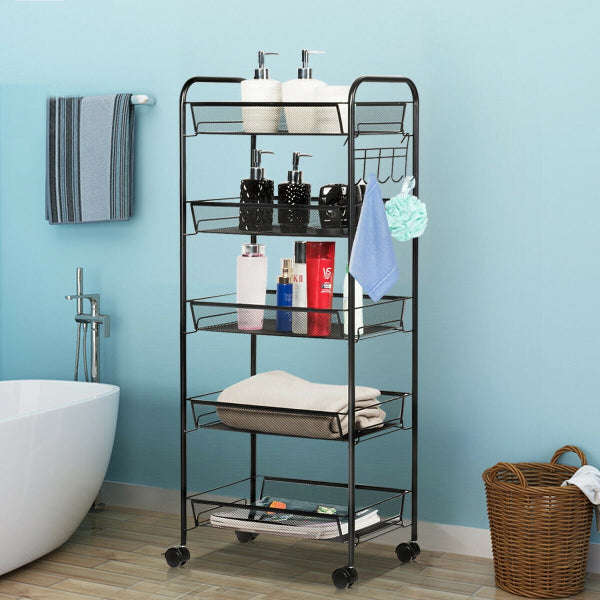 5-Tier Metal Storage Rolling Mesh Utility Trolley Cart with Wheels