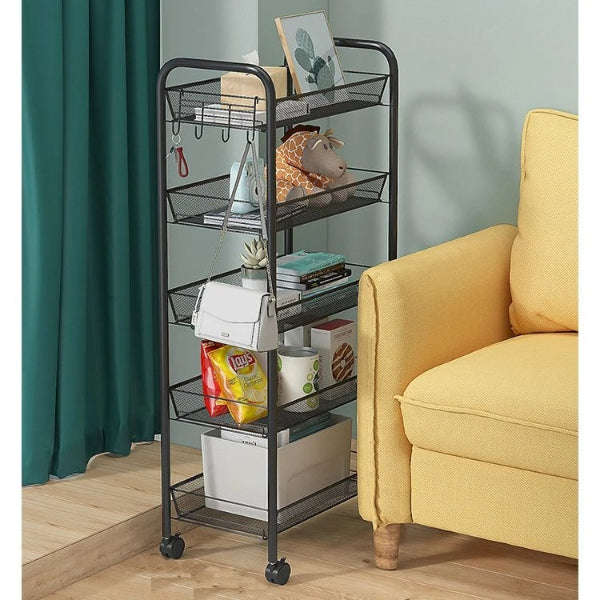 5-Tier Metal Storage Rolling Mesh Utility Trolley Cart with Wheels