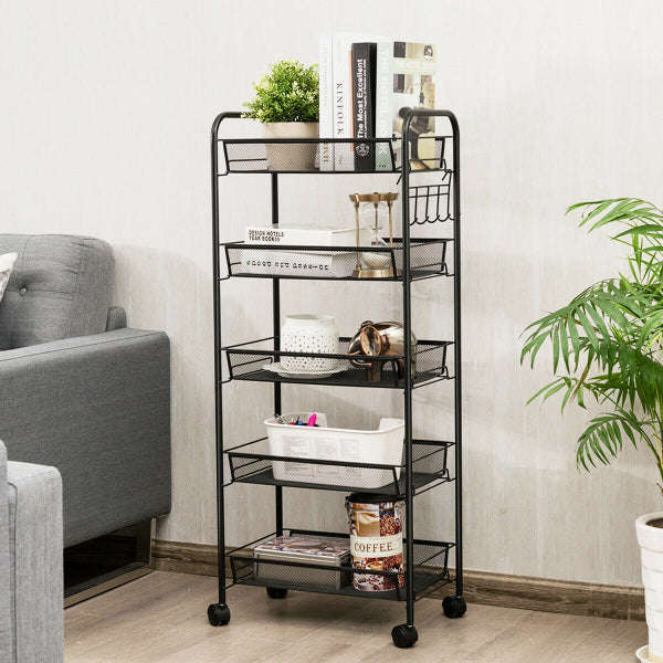 5-Tier Metal Storage Rolling Mesh Utility Trolley Cart with Wheels
