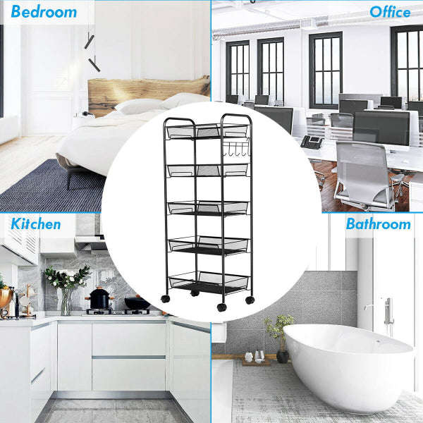 5-Tier Metal Storage Rolling Mesh Utility Trolley Cart with Wheels