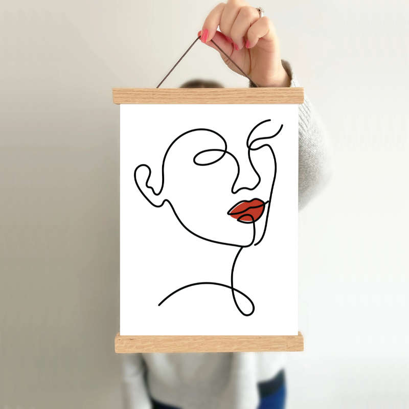 A3-Size Line Drawing Wall Art Print with Magnetic Solid Natural Wooden Poster Hanger Frame