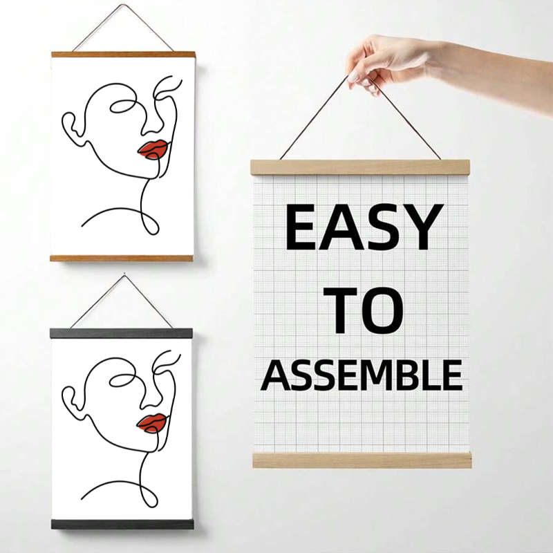 A3-Size Line Drawing Wall Art Print with Magnetic Solid Natural Wooden Poster Hanger Frame