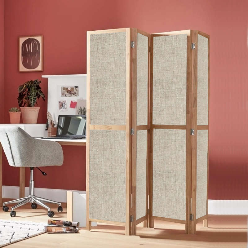 Partition Room Divider - 4 Panel Fabric Folding Screen Room Divider with Solid Wooden Frames
