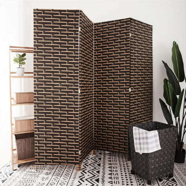 Folding Hand-Woven Rattan 4 Panel Privacy Screen Room Divider