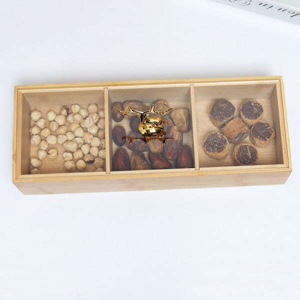 Multifunction Eco-Friendly 3-Section Bamboo Dry Fruit Snack Storage Box with Lid
