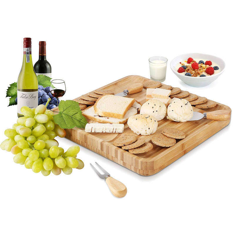 Bamboo Serving Platter Set - Natural Flat Wood Bamboo Cutting Board Serving Platter with 4 Stainl...