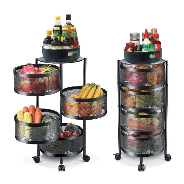 Rotating Kitchen Storage Rolling Mobile Metal Mesh Rack Vegetable Cart