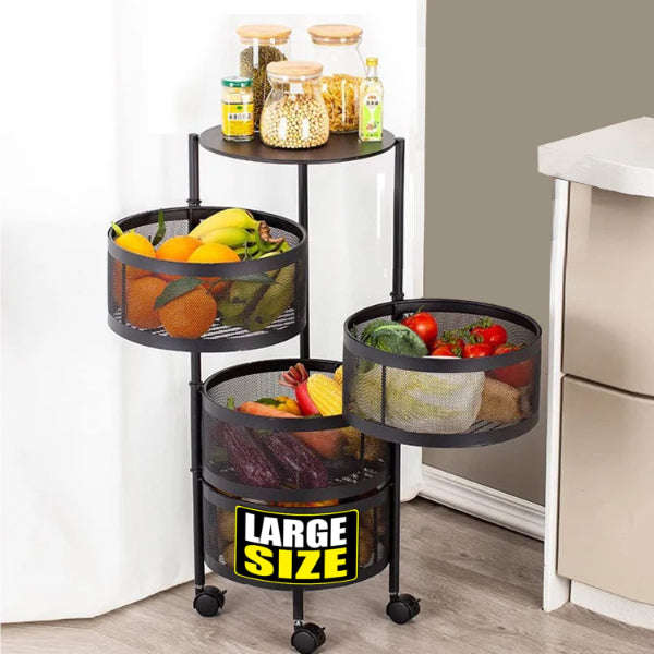 Rotating Kitchen Storage Rolling Mobile Metal Mesh Rack Vegetable Cart