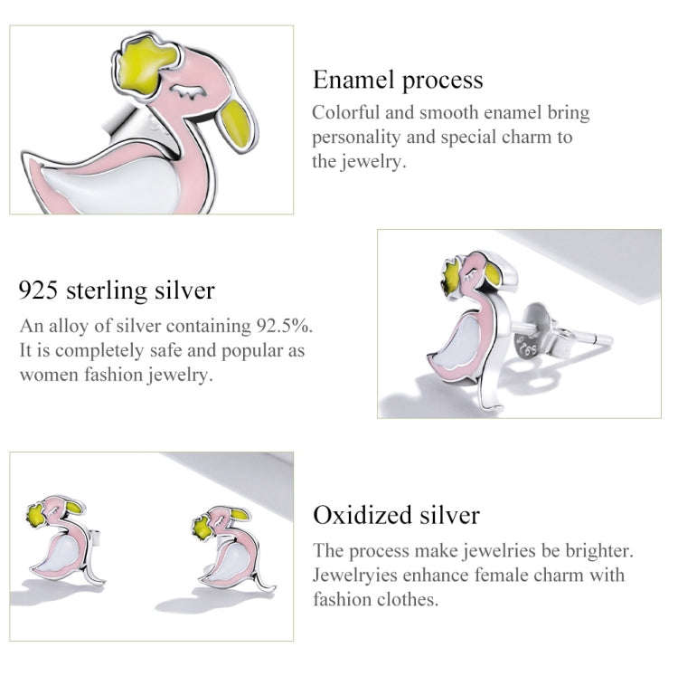 S925 Sterling Silver Fashion Pink Flamingo Ear Studs Women Earrings