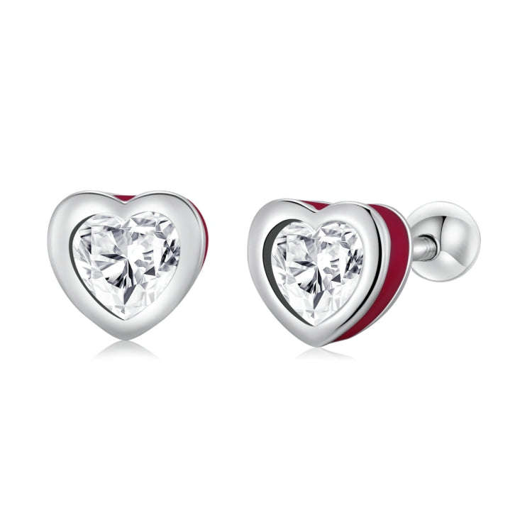 S925 Sterling Silver Heart Zircon Ear Stud Women Earrings(Red)