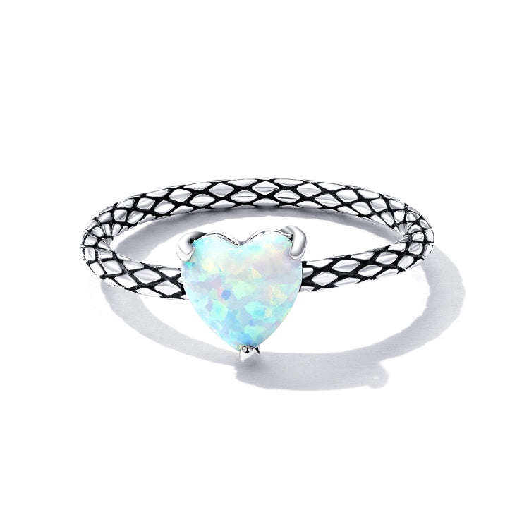 S925 Sterling Silver Heart Opal Snake Pattern Women Ring, Size:6