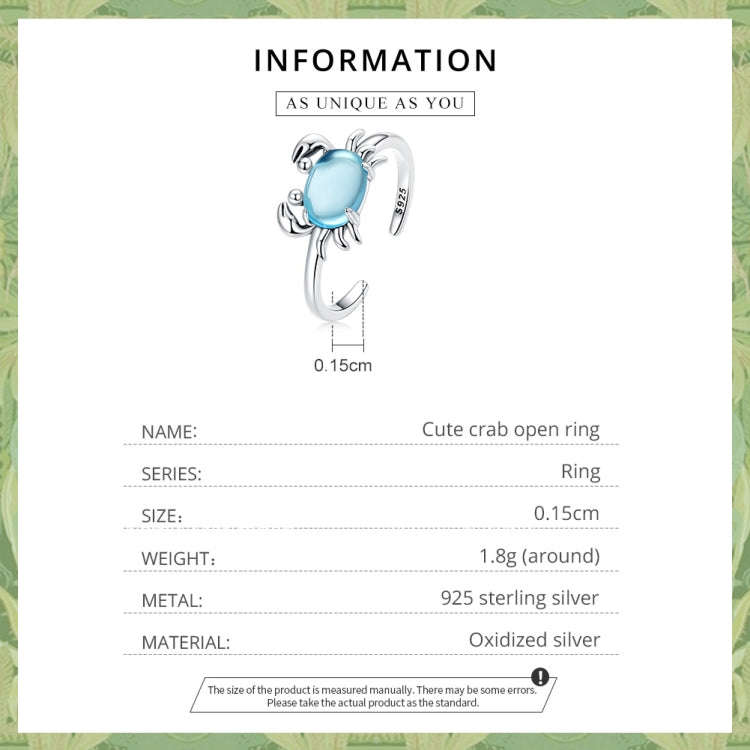 S925 Sterling Silver Cute Crab Women Open Ring