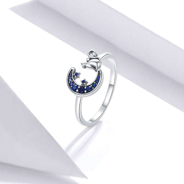 S925 Sterling Silver Moon Cat Women Open Ring