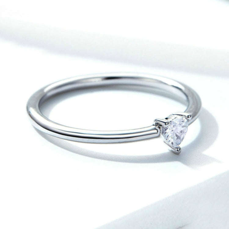 S925 Sterling Silver Ring Platinum Plated Heart Clear Ring, Size: 8 US Size