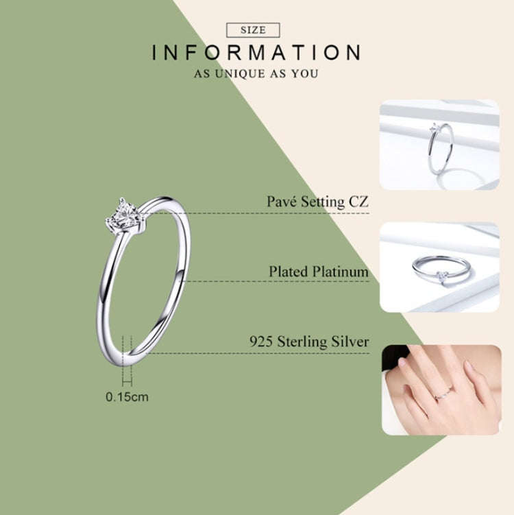S925 Sterling Silver Ring Platinum Plated Heart Clear Ring, Size: 8 US Size