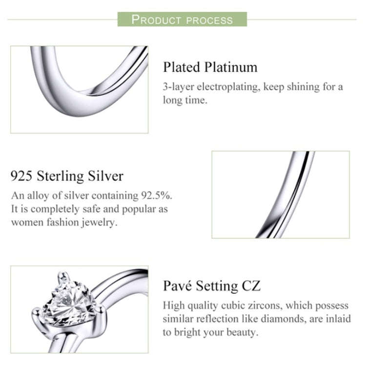 S925 Sterling Silver Ring Platinum Plated Heart Clear Ring, Size: 8 US Size