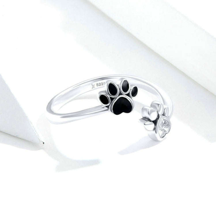S925 Sterling Silver Cute Pet Paw Print Open Ring Black Dripping Ring