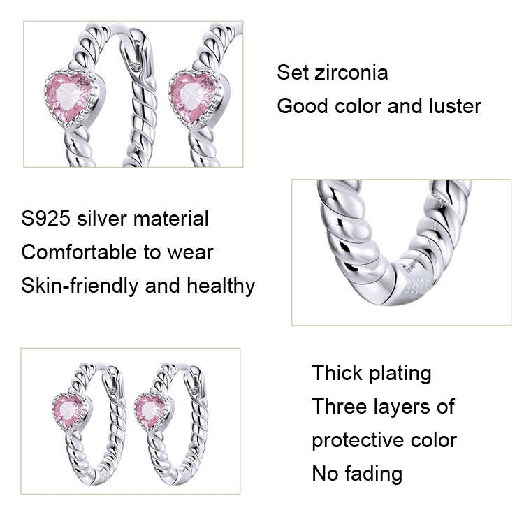 SCE1081 White Plated Pink Love Earrings Hemp Rope Texture S925 Rings