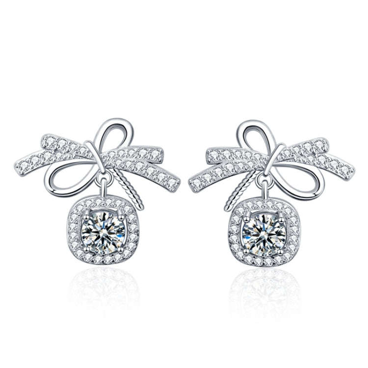 925 Silver Bow Earrings Simple Silver Needle Earrings(50 Points Mosan Diamond White Gold)