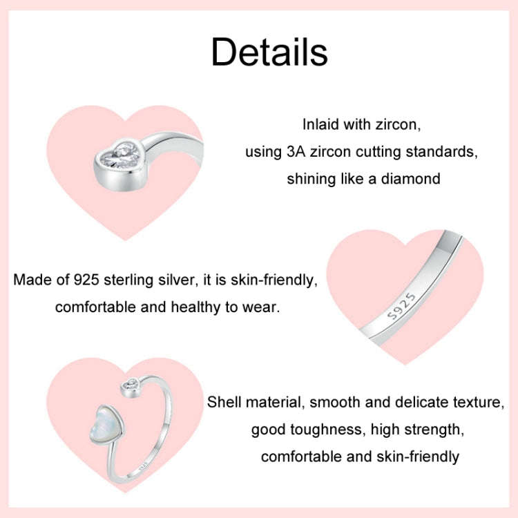 S925 Sterling Silver Platinum-plated White Shell Love Adjustable Open Ring(BSR520-E)