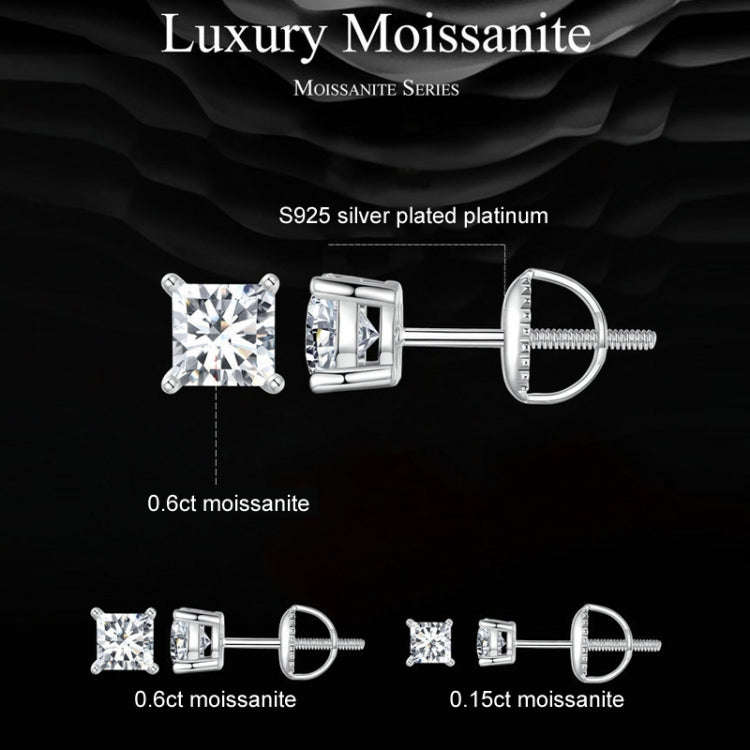 S925 Sterling Silver Platinum-plated Sparkling Square Moissanite Princess Earrings, Size: L