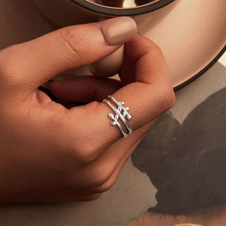 S925 Sterling Silver Oxidized Multi-layered Leaf Ring, Size: No.9(SCR755)