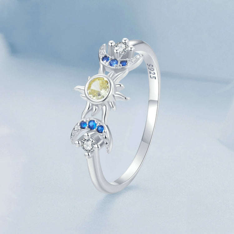 S925 Sterling Silver Platinum Plated Sun Moon Surround Ring, Size: No. 7