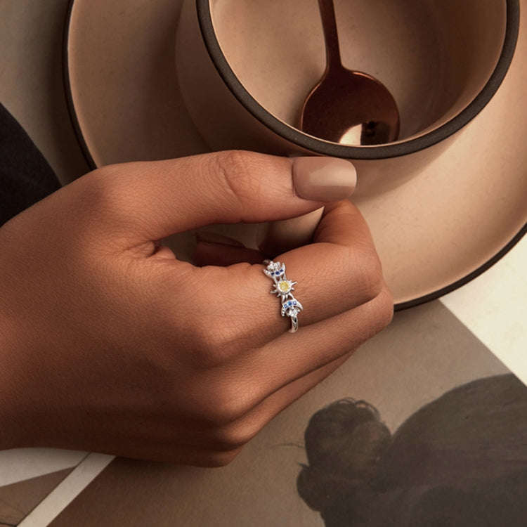 S925 Sterling Silver Platinum Plated Sun Moon Surround Ring, Size: No. 7