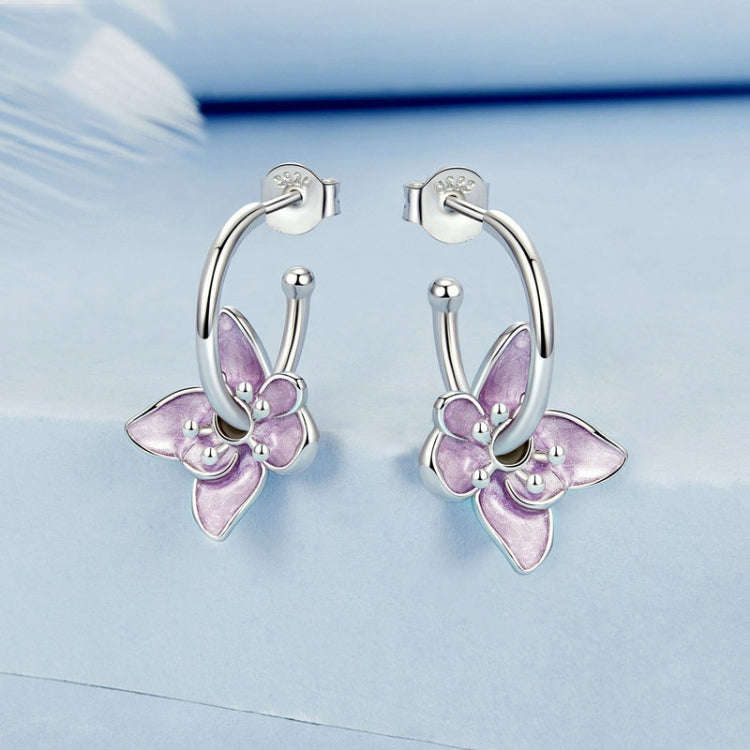 S925 Sterling Silver Platinum Plated Purple Flower Stud Earrings(BSE976)