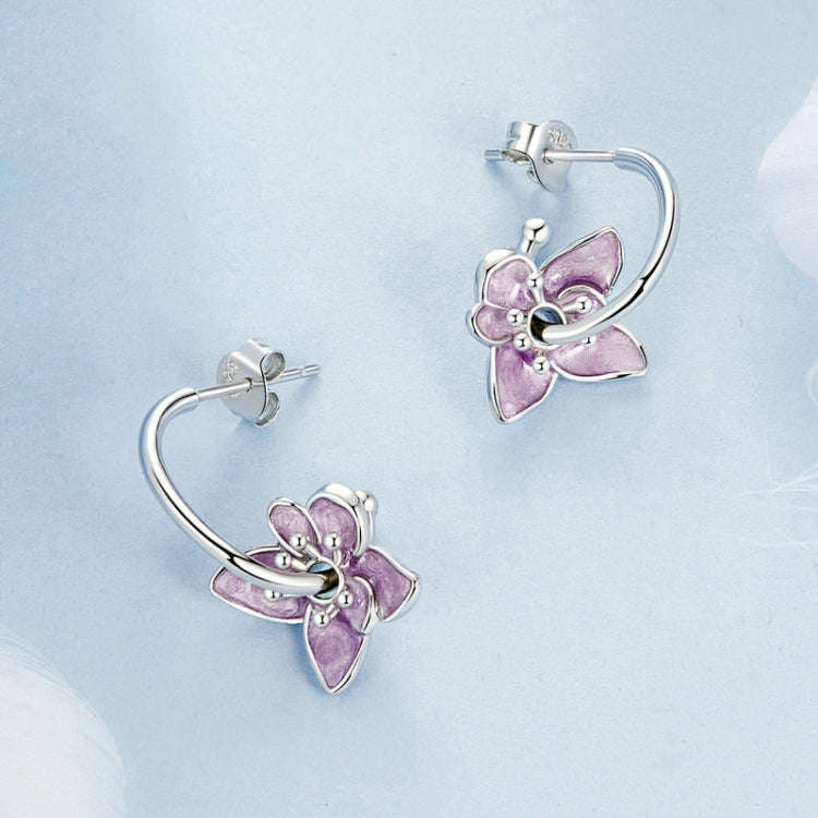 S925 Sterling Silver Platinum Plated Purple Flower Stud Earrings(BSE976)