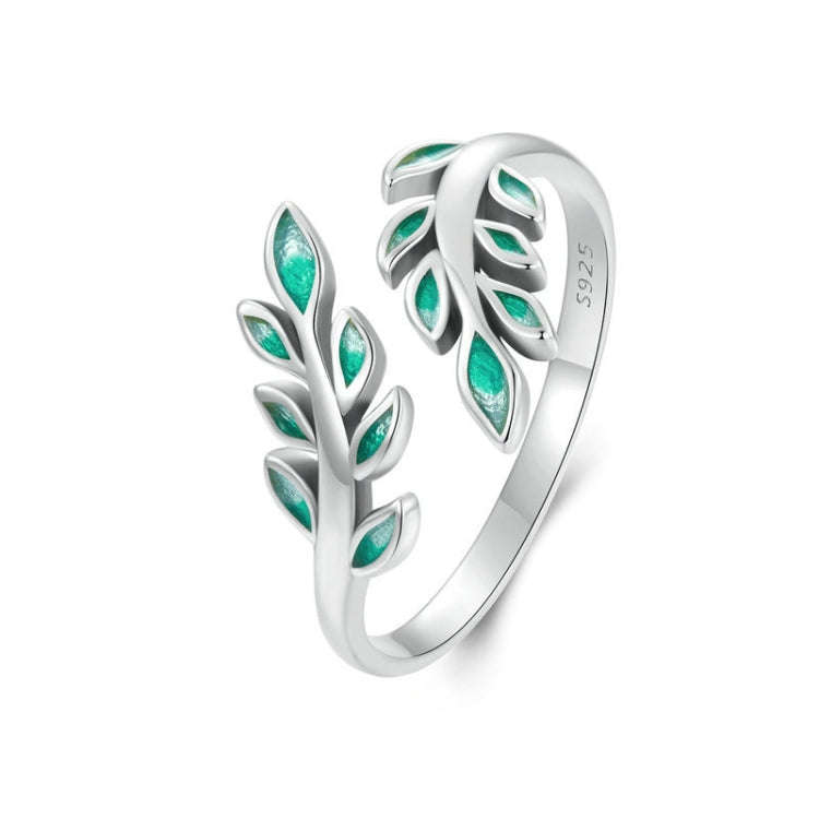 S925 Sterling Silver Green Leaf Open Adjustable Ring(BSR542-E)