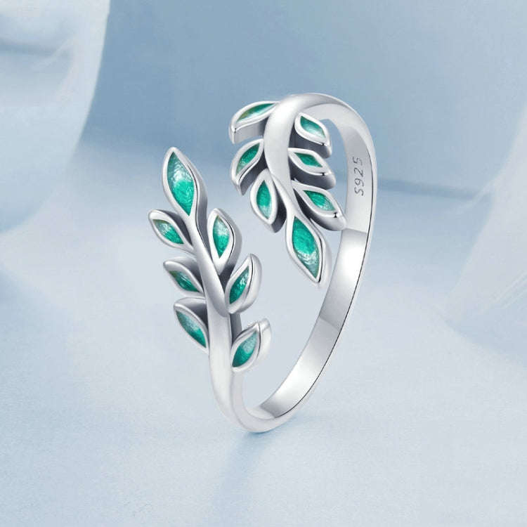 S925 Sterling Silver Green Leaf Open Adjustable Ring(BSR542-E)