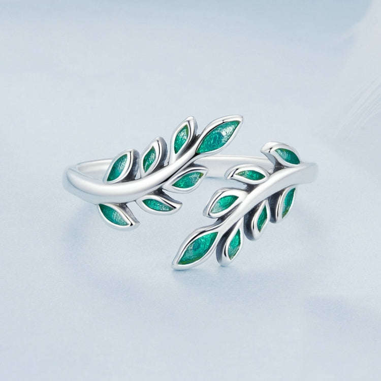 S925 Sterling Silver Green Leaf Open Adjustable Ring(BSR542-E)