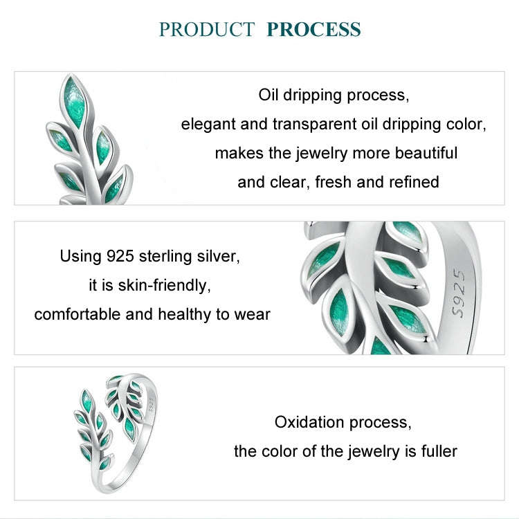 S925 Sterling Silver Green Leaf Open Adjustable Ring(BSR542-E)