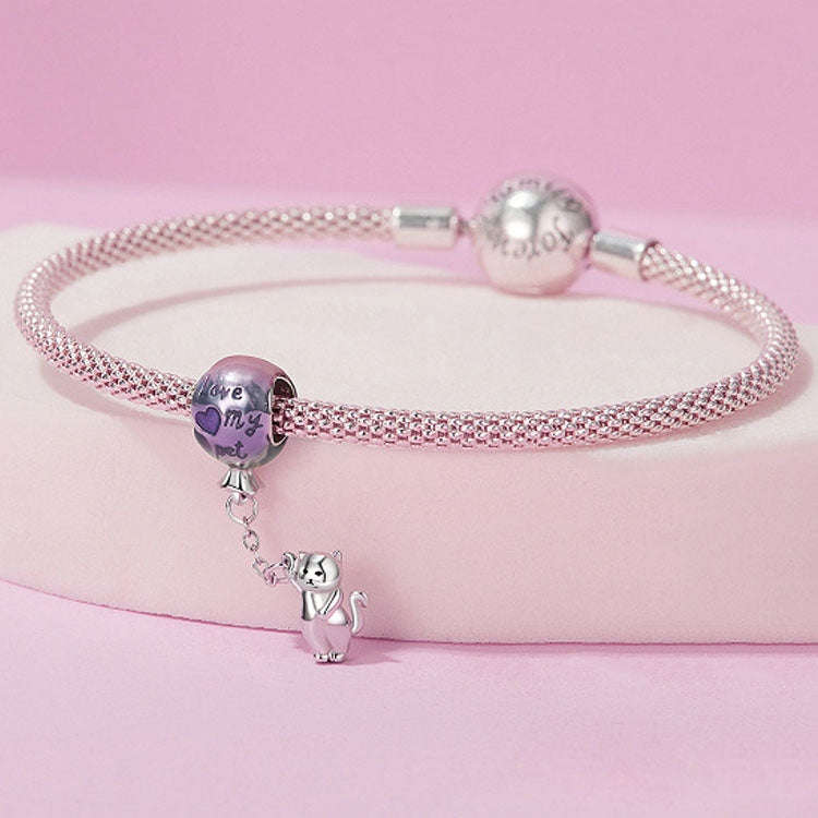 S925 Sterling Silver Cute Hot Air Balloon Cat Beads Jewelry Pendant(SCC2881)