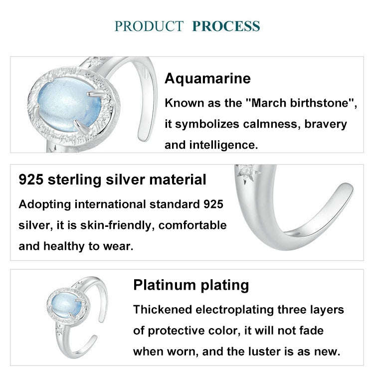 S925 Sterling Silver Platinum-plated Natural Blue Sea Sapphire Open Ring(BSR579-E)