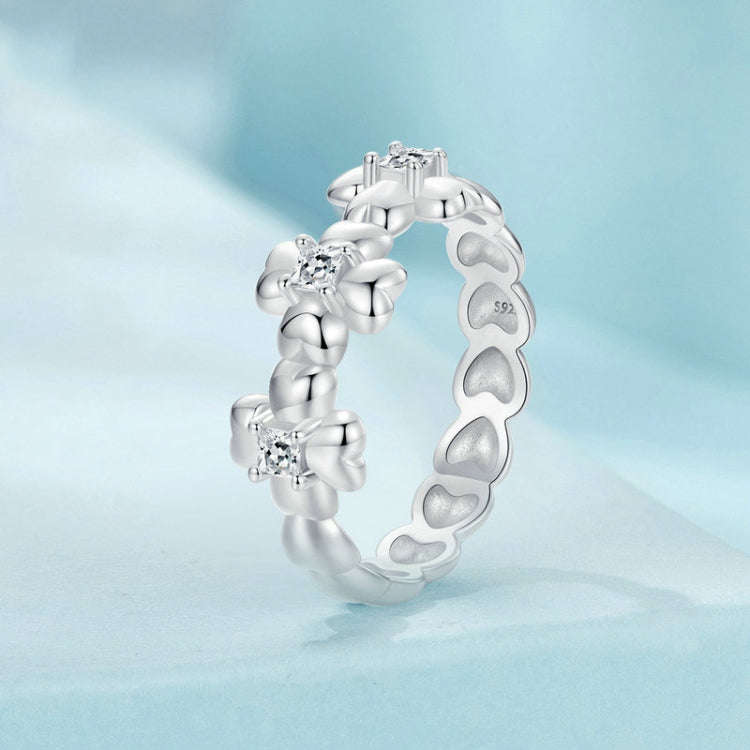 S925 Sterling Silver Platinum-plated Lucky Four-leaf Clover Ring, Size: 7(SCR1045)