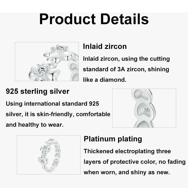 S925 Sterling Silver Platinum-plated Lucky Four-leaf Clover Ring, Size: 7(SCR1045)