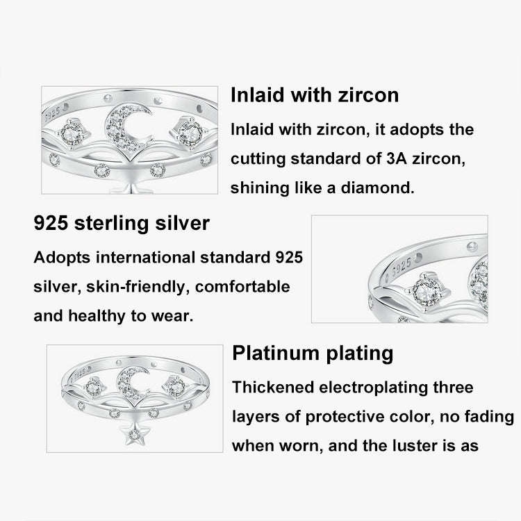 SCR1046 S925 Sterling Silver Platinum-plated Romantic Star and Moon Ring(8)