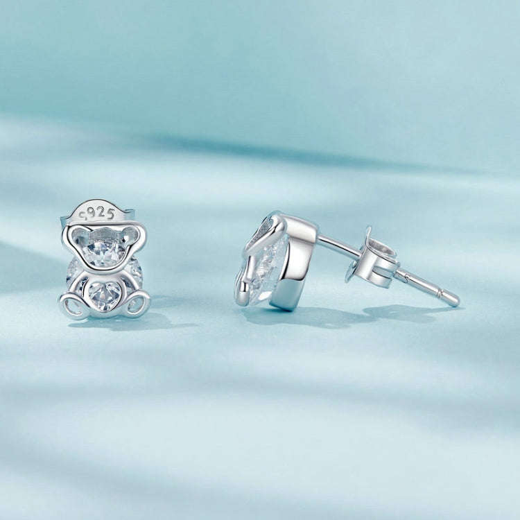 S925 Sterling Silver Platinum-plated Cute Bear Zircon Earrings(SCE1764)