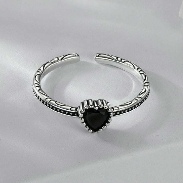 S925 Sterling Silver Oxidized Heart Of The Night Open Ring Adjustable Heart-shaped Ring(SCR1074-E)
