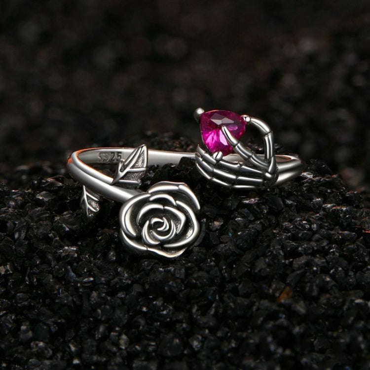 S925 Sterling Silver Rose Skull Hand Open Ring Adjustable Ring(BSR606-E)