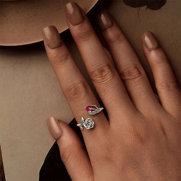 S925 Sterling Silver Rose Skull Hand Open Ring Adjustable Ring(BSR606-E)