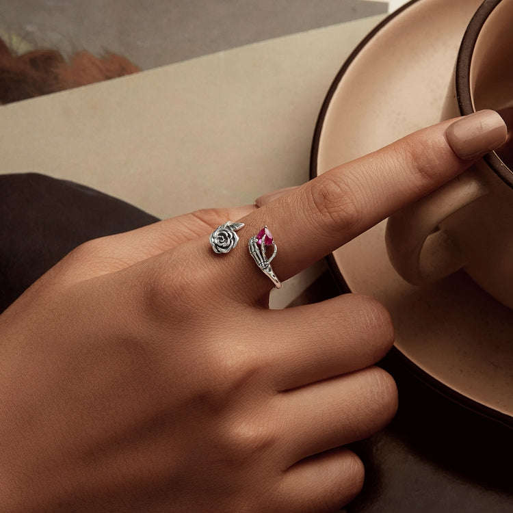 S925 Sterling Silver Rose Skull Hand Open Ring Adjustable Ring(BSR606-E)