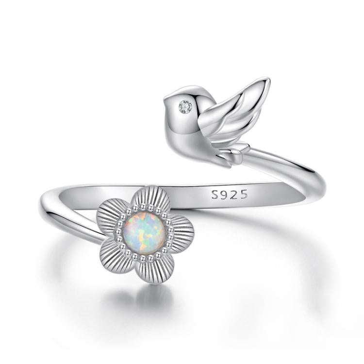 S925 Sterling Silver Elegant Flower and Bird Open Adjustable Ring(BSR658-E)