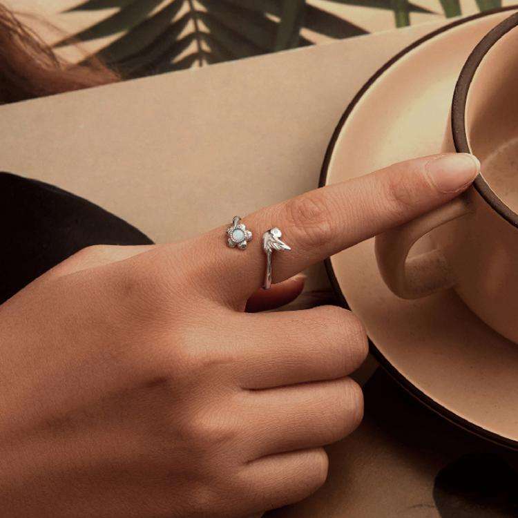 S925 Sterling Silver Elegant Flower and Bird Open Adjustable Ring(BSR658-E)