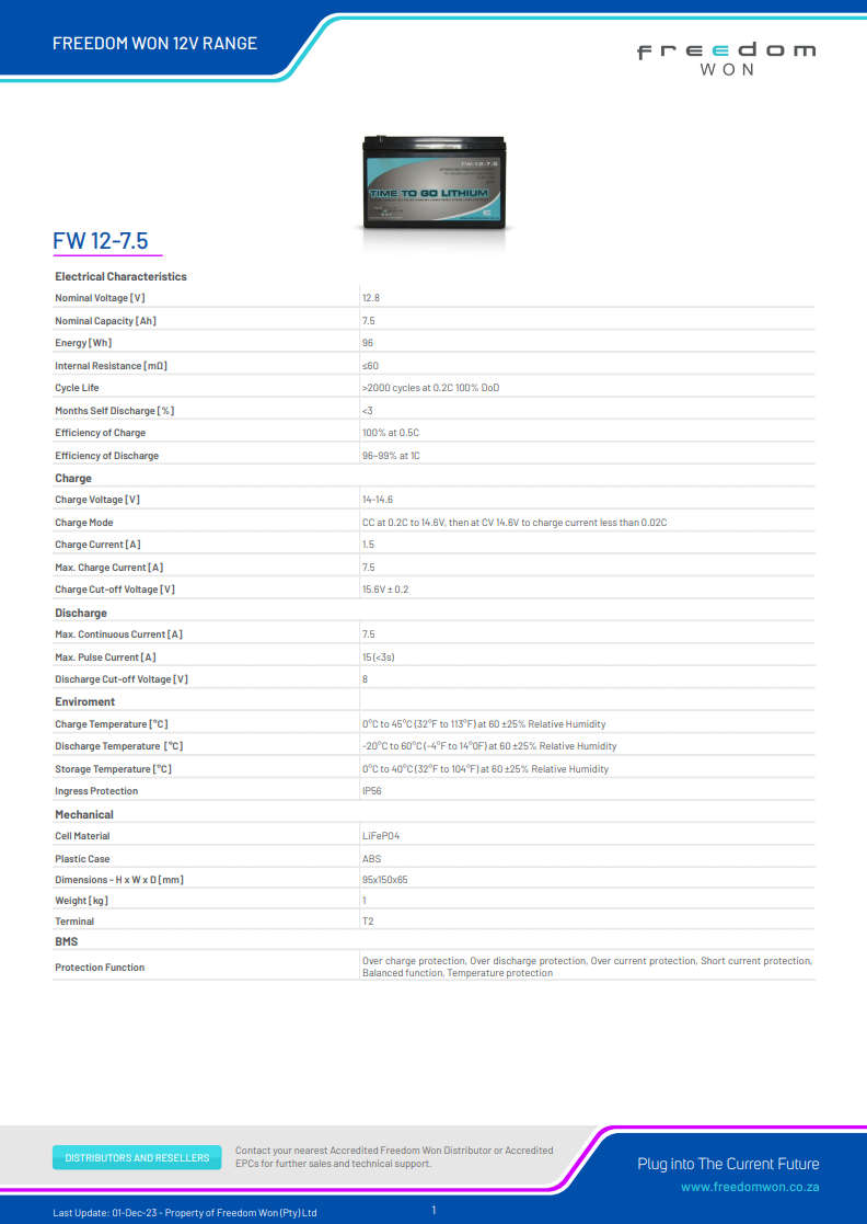 Freedom Won LiFePO4 Lithium Ion 12V - 7.5AH - FW 12-7.5