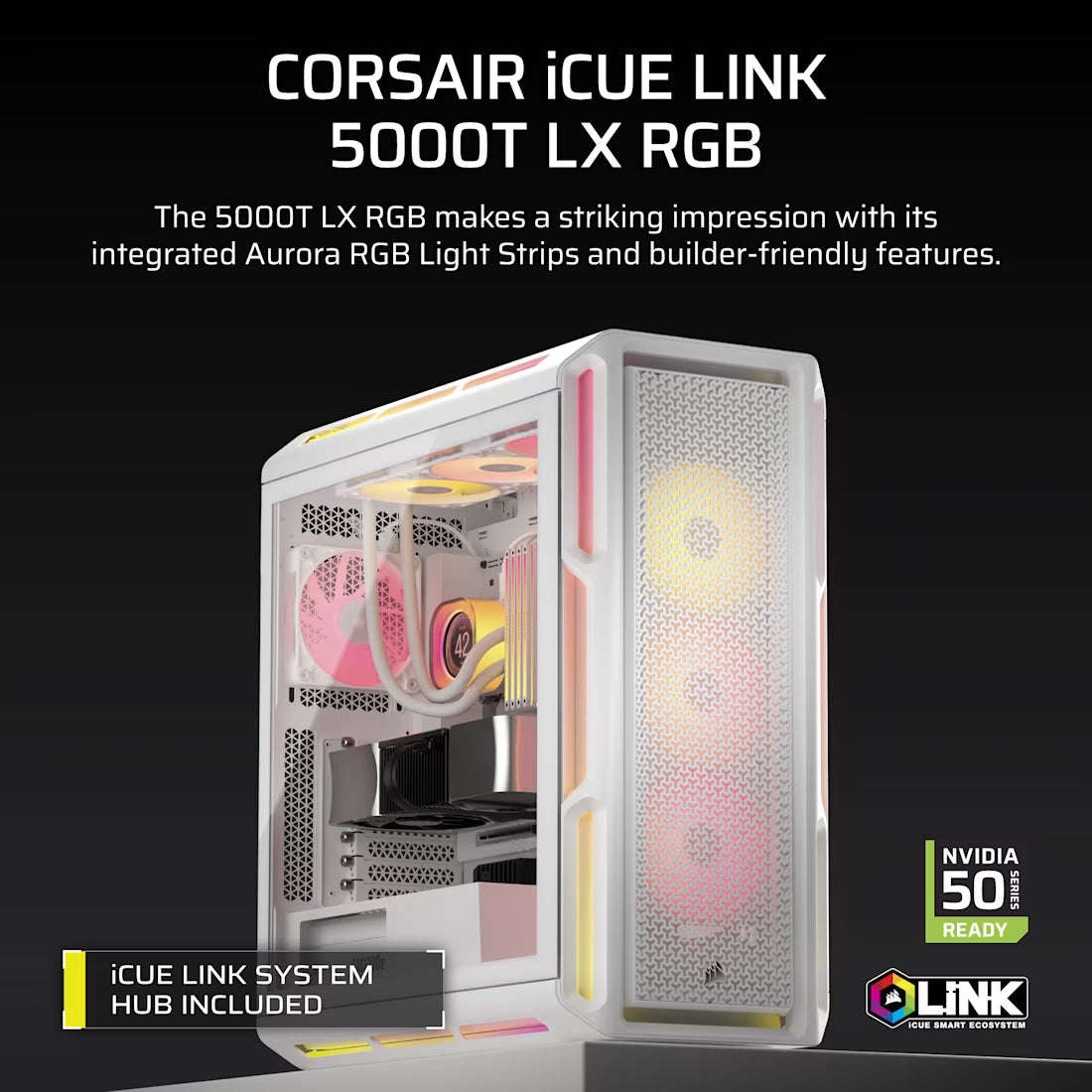 Corsair iCUE LINK 5000T LX RGB Mid-Tower High-Performance PC Case - White