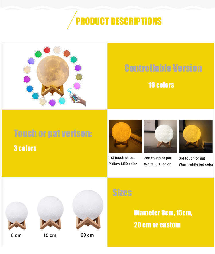 Rechargeable Touch Sensor Control LED 3D moon lamp PB-17