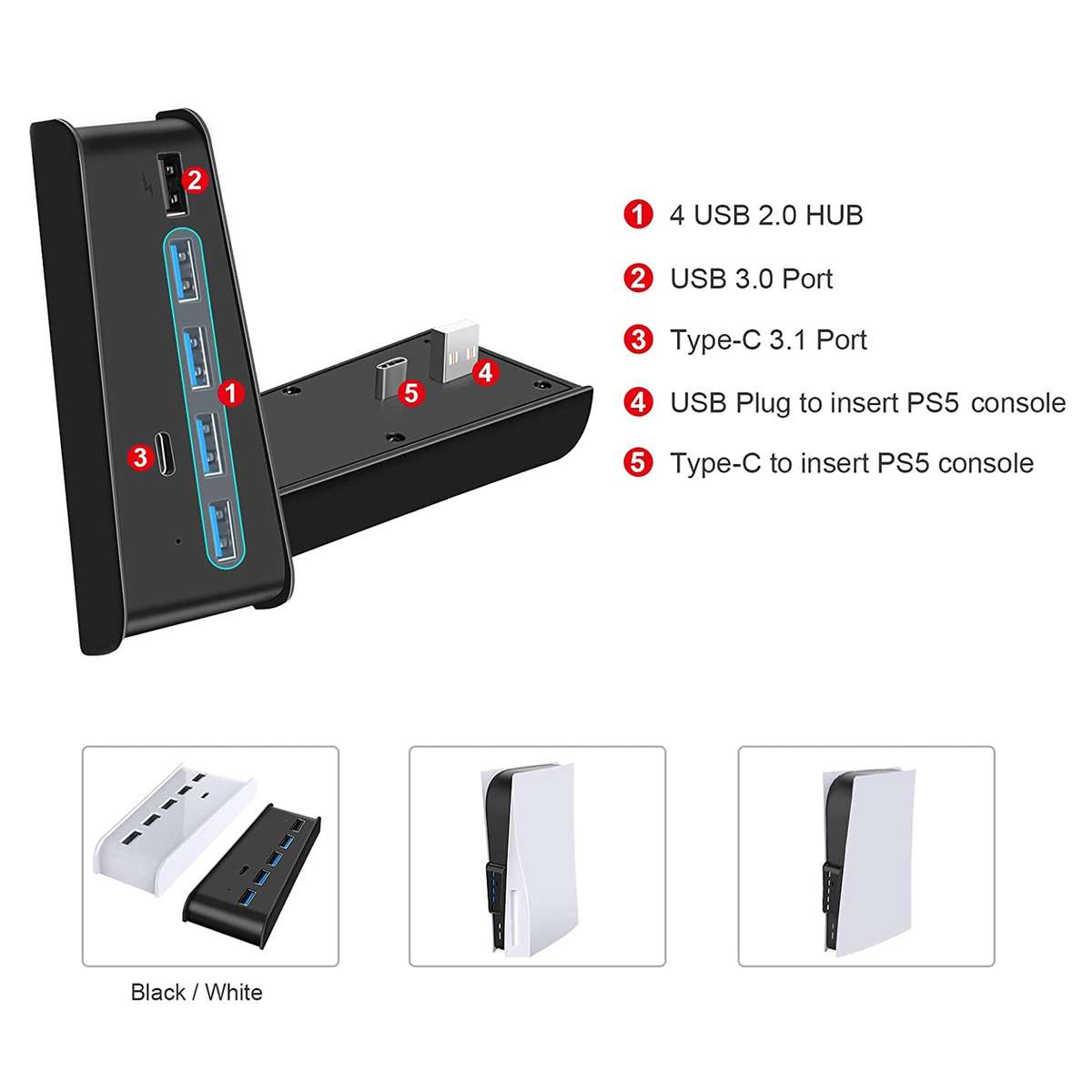 5 Port USB 3.0 HUB for PS5 Console/PS5 Digital Edition Console - Black